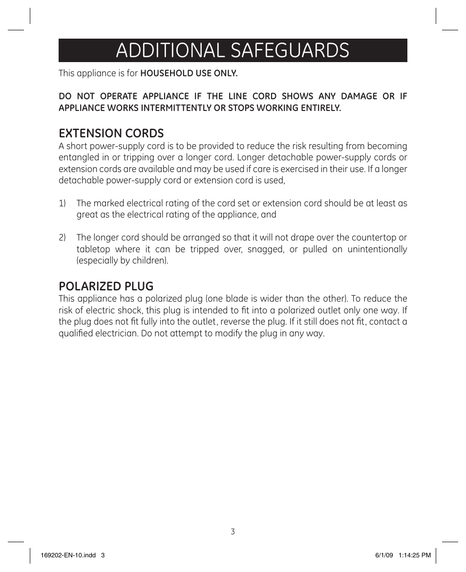 Additional safeguards, Extension cords, Polarized plug | GE 169202 User Manual | Page 3 / 21