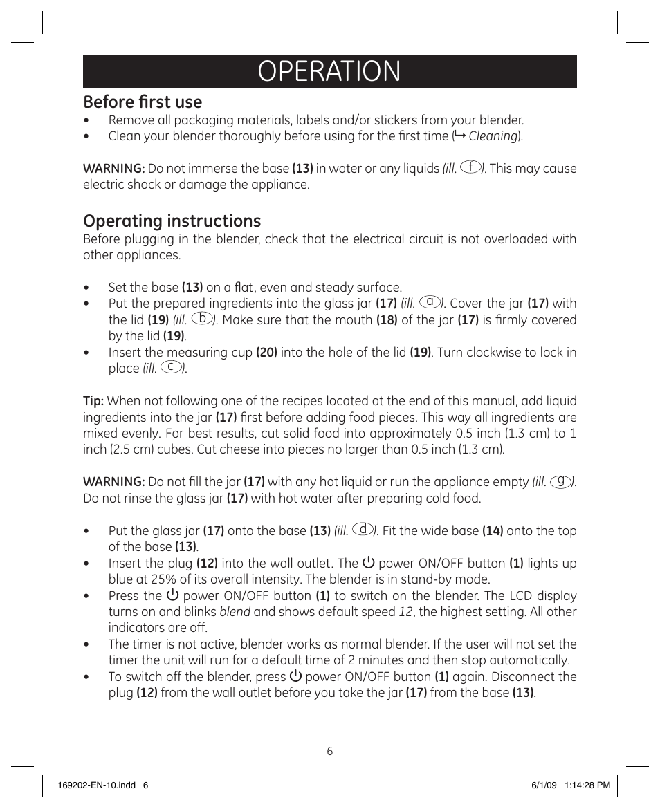 Operation, Before first use, Operating instructions | GE 169202 User Manual | Page 6 / 21