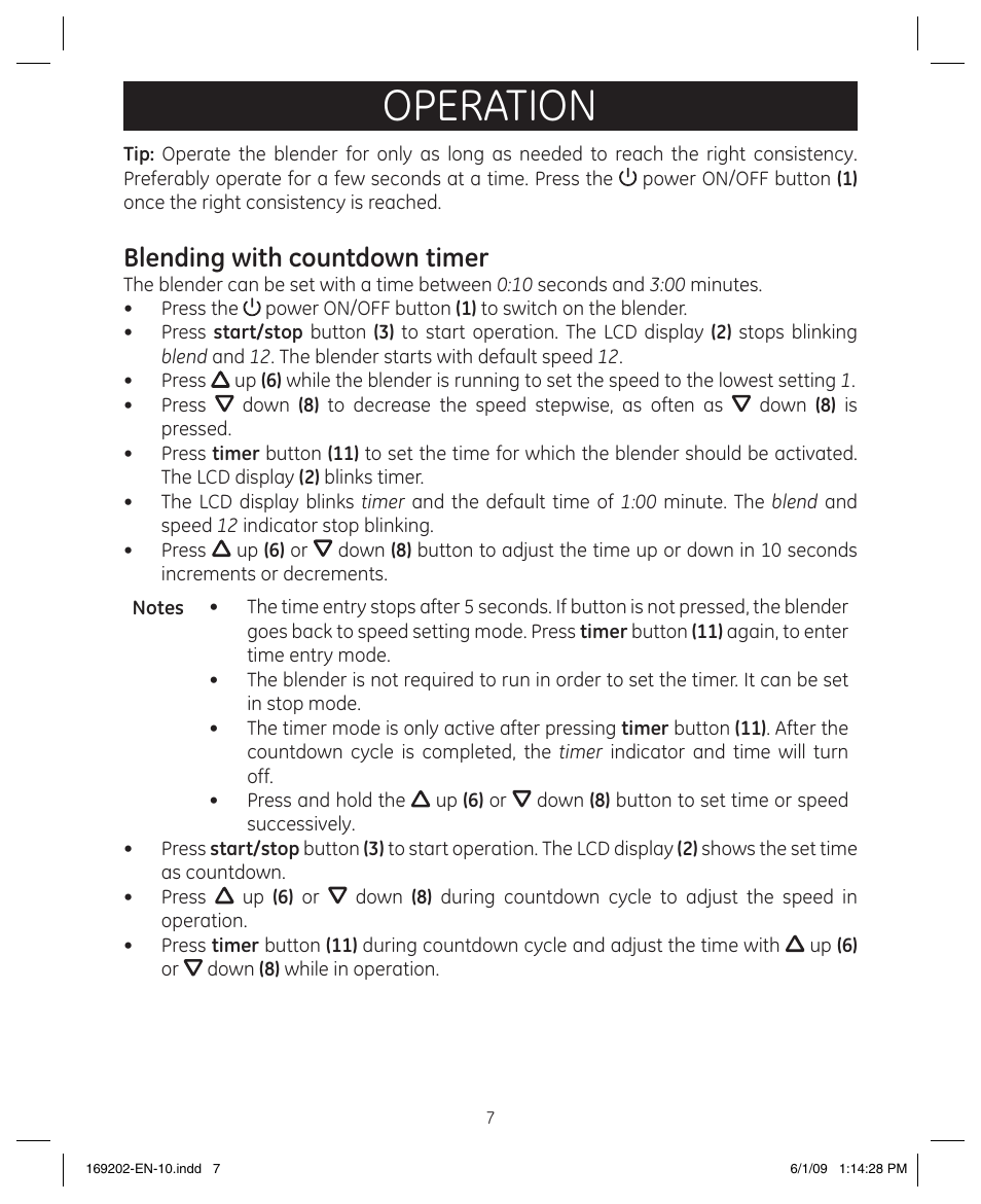 Operation, Blending with countdown timer | GE 169202 User Manual | Page 7 / 21