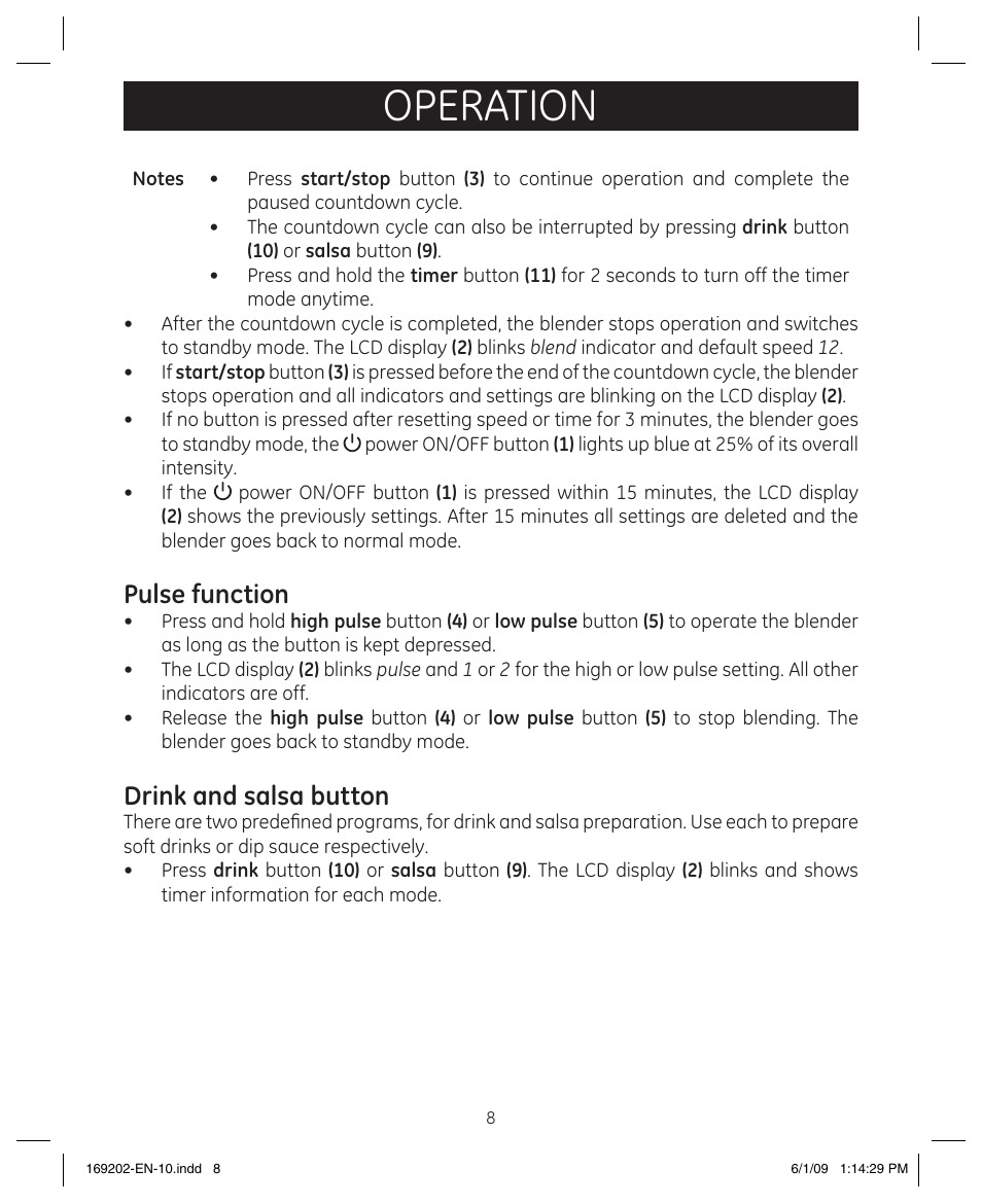 Operation, Pulse function, Drink and salsa button | GE 169202 User Manual | Page 8 / 21