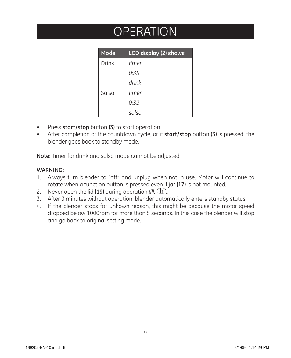 Operation | GE 169202 User Manual | Page 9 / 21