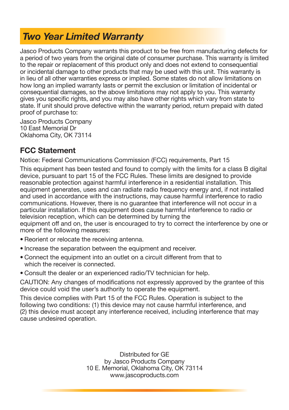 Two year limited warranty, Fcc statement | GE EasyCam 98063 User Manual | Page 19 / 19