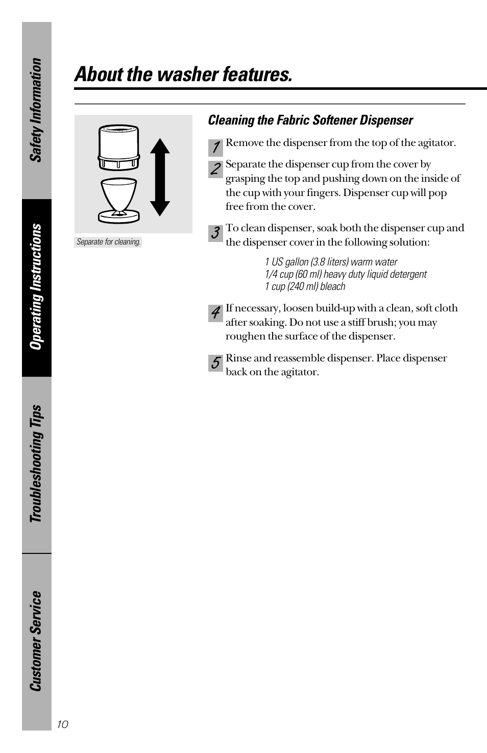Washer features, Washer features , 11, About the washer features | GE YVXR1040 User Manual | Page 10 / 20