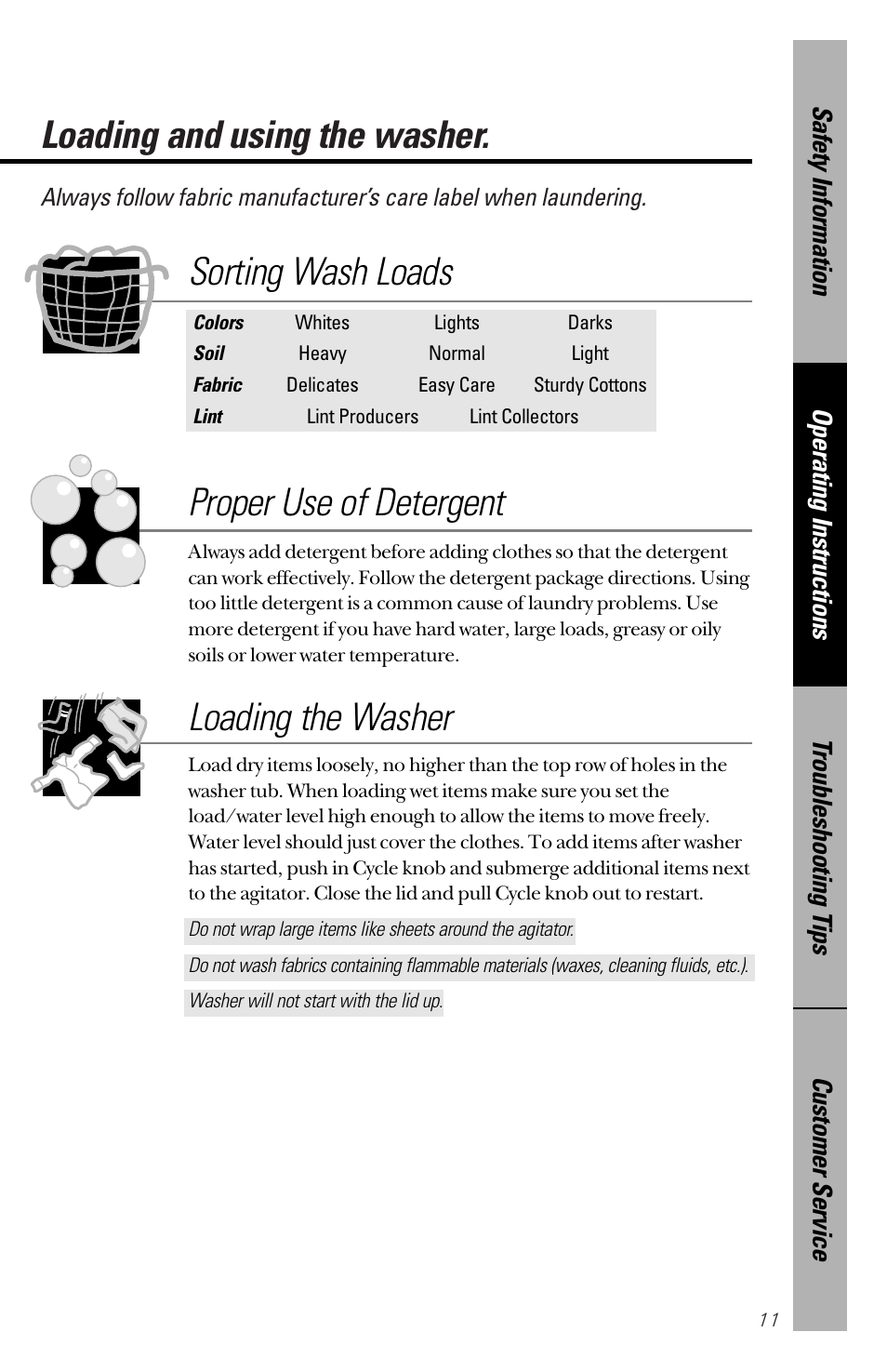 Loading and using the washer, Proper use of detergent, Loading the washer | Sorting wash loads | GE YVXR1040 User Manual | Page 11 / 20