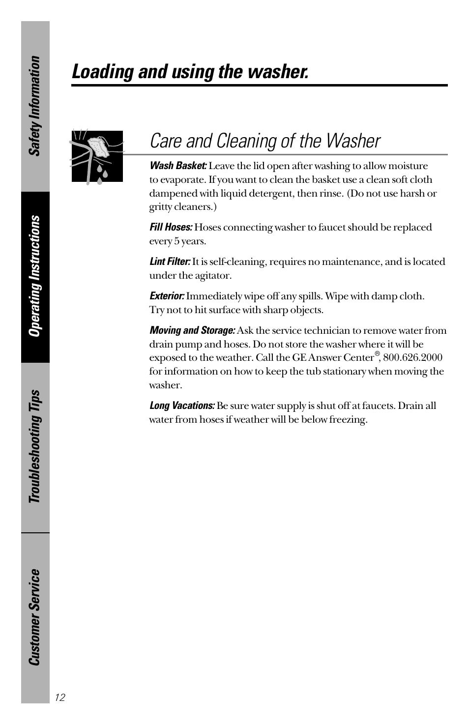 Loading and using the washer, Loading and using the washer , 13, Care and cleaning of the washer | GE YVXR1040 User Manual | Page 12 / 20