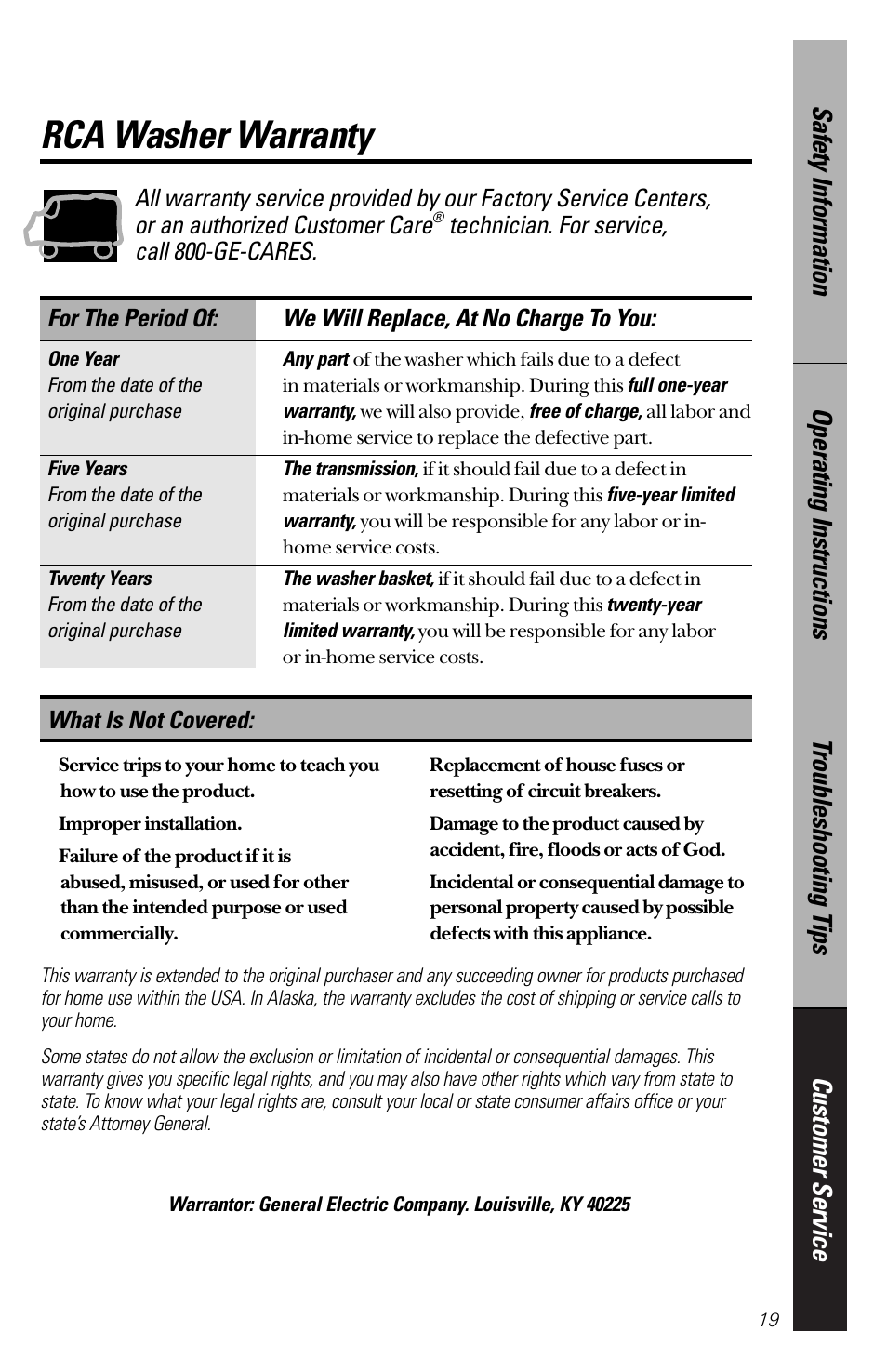 Warranty, Rca washer warranty, Technician. for service, call 800-ge-cares | What is not covered | GE YVXR1040 User Manual | Page 19 / 20