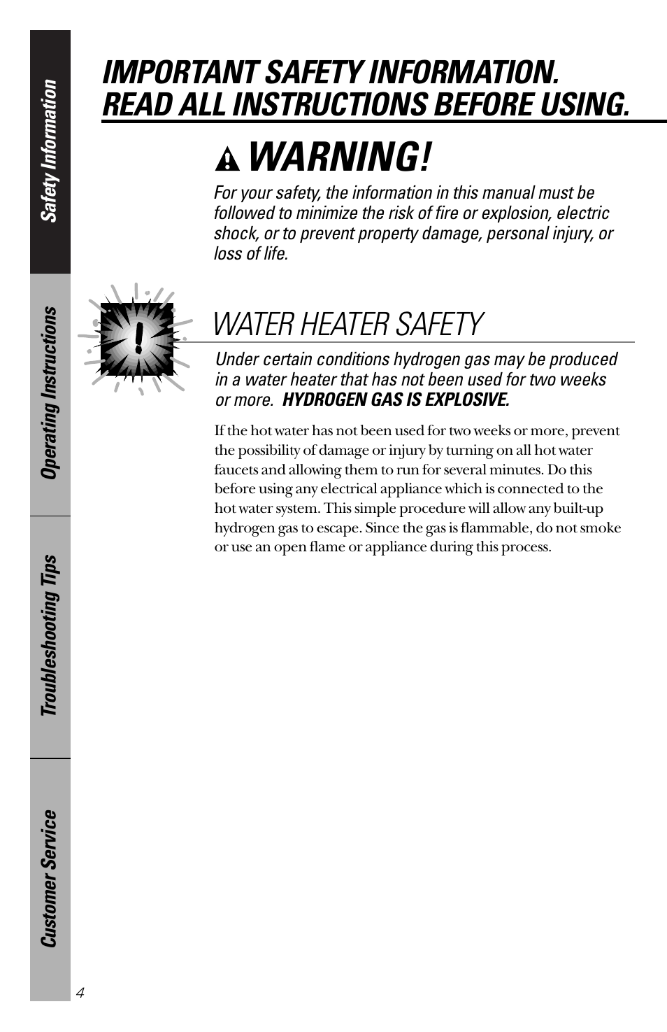Safety information, Safety information –7, Warning | Water heater safety | GE YVXR1040 User Manual | Page 4 / 20