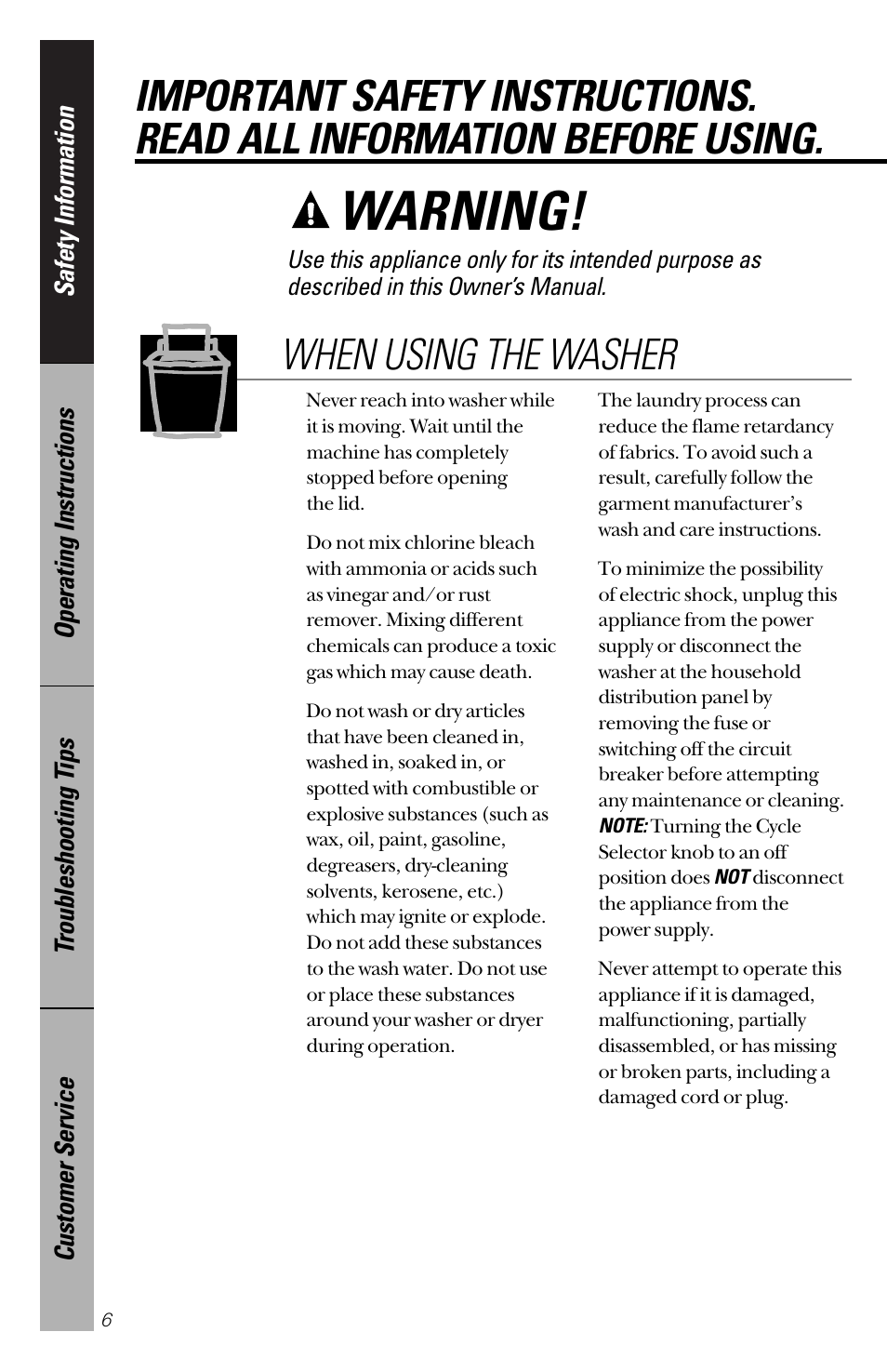Warning, When using the washer | GE YVXR1040 User Manual | Page 6 / 20