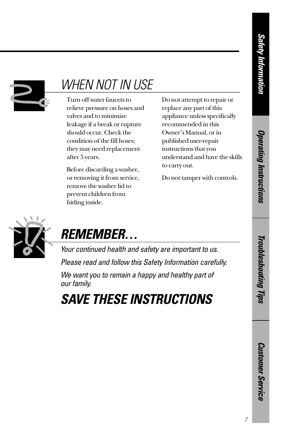 When not in use remember, Save these instructions | GE YVXR1040 User Manual | Page 7 / 20