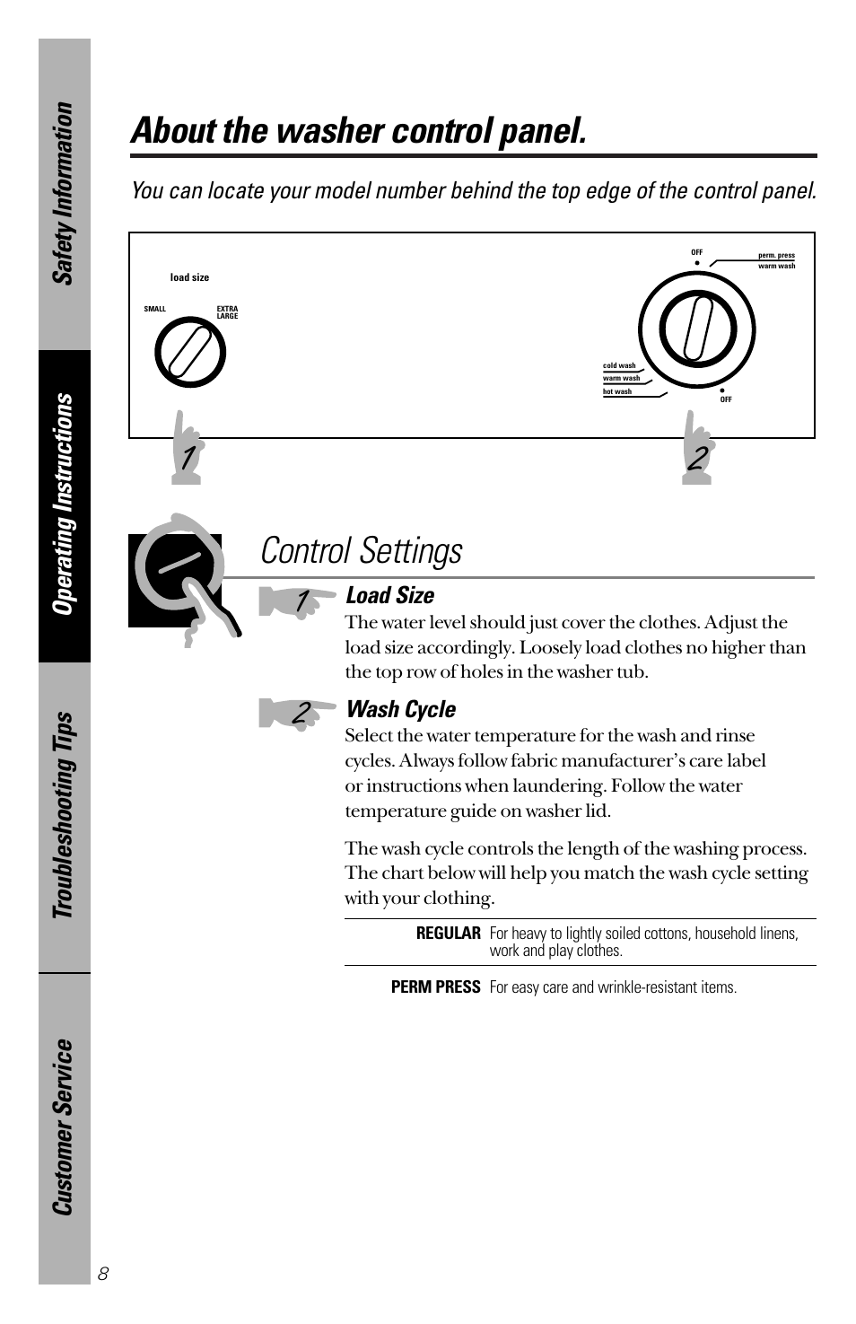 Control panel, Control settings, Control panel control settings , 9 | About the washer control panel | GE YVXR1040 User Manual | Page 8 / 20