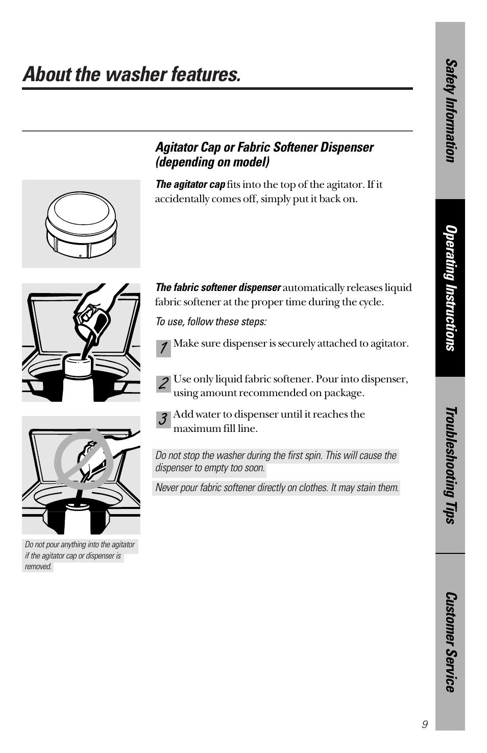 About the washer features | GE YVXR1040 User Manual | Page 9 / 20