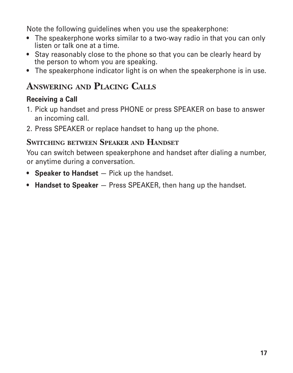 Answering and placing calls, Switching between speaker and handset | GE Feb-74 User Manual | Page 17 / 40