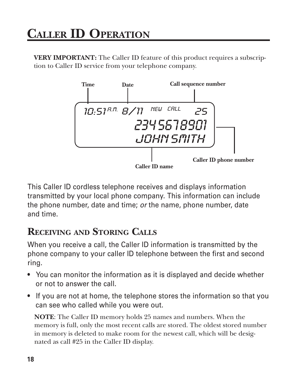 Caller id operation, Receiving and storing calls, Id o | John smith, Aller, Peration | GE Feb-74 User Manual | Page 18 / 40