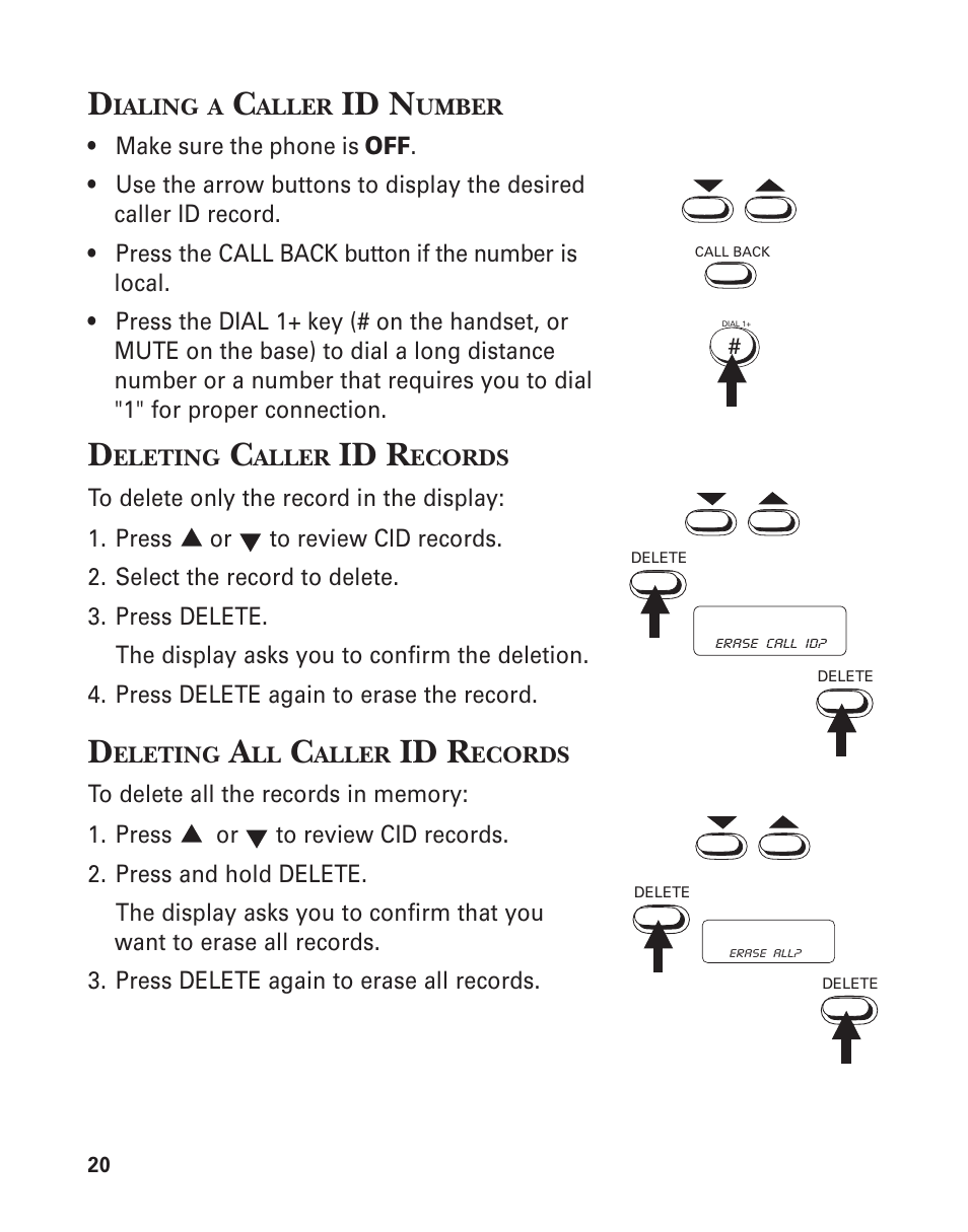 Dialing a caller id number, Deleting caller id records, Deleting all caller id records | Id r, Id n | GE Feb-74 User Manual | Page 20 / 40
