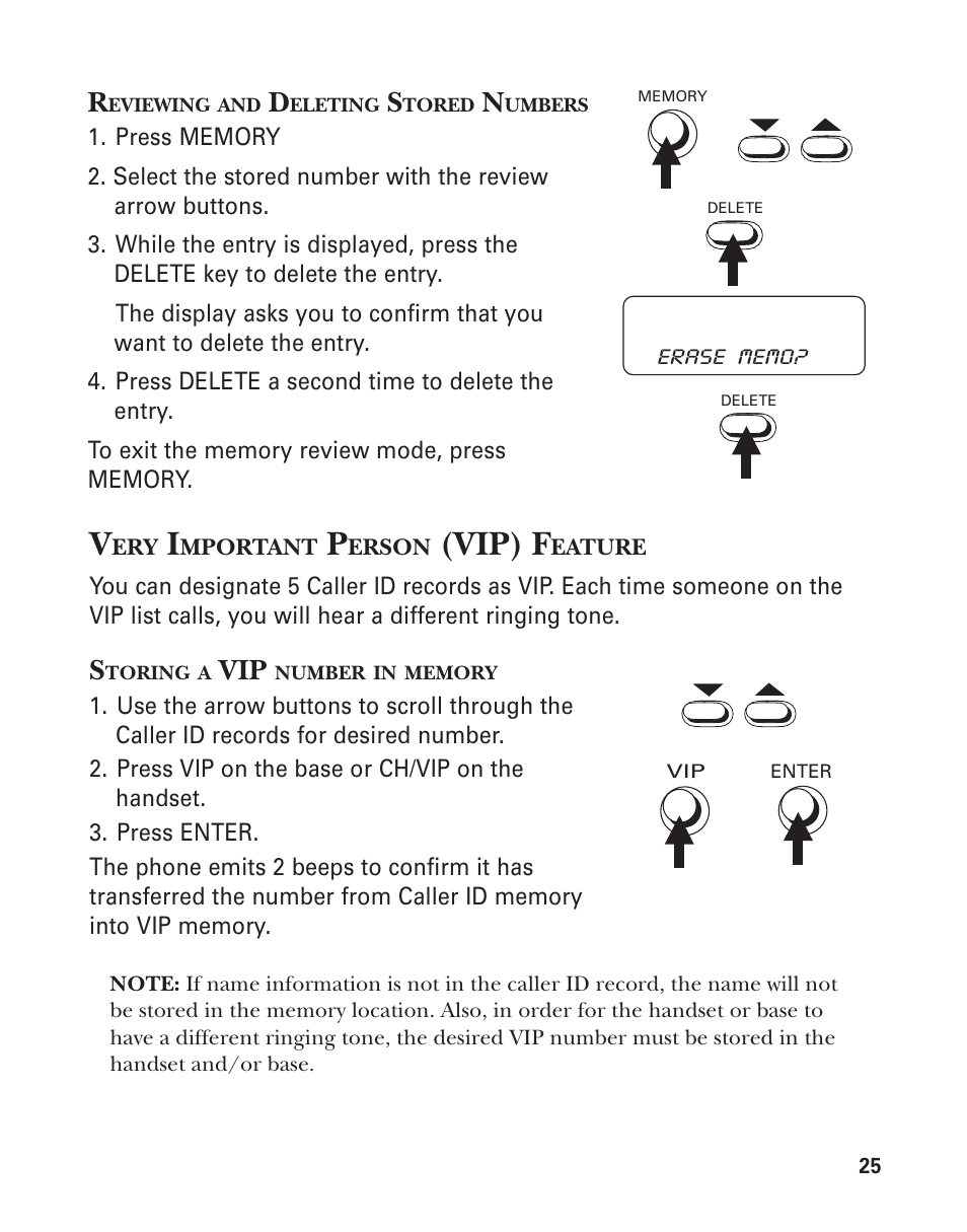 Reviewing and deleting stored numbers, Very important person (vip) feature, Storing a vip number in memory | Calling a vip number, Vip) f | GE Feb-74 User Manual | Page 25 / 40