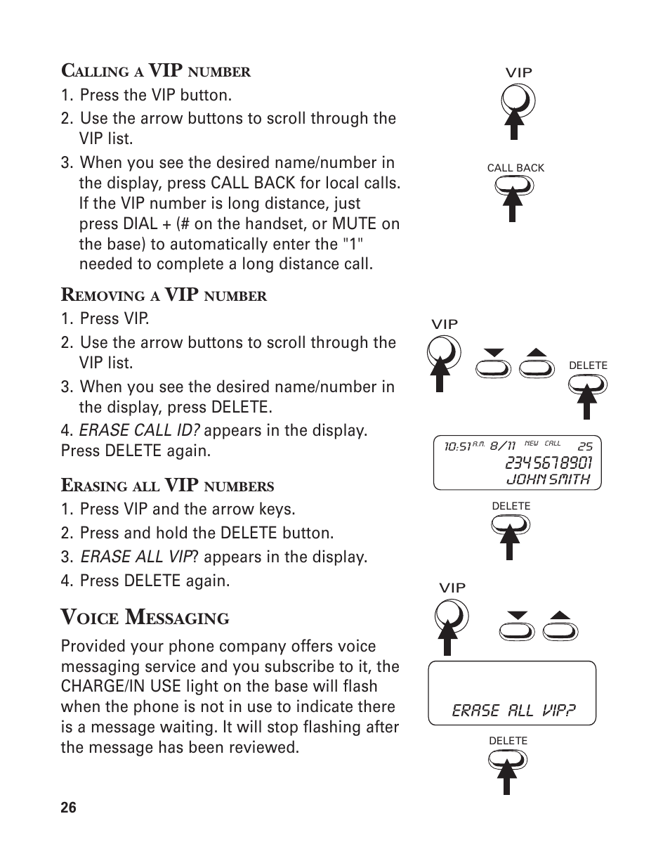 Removing a vip number, Erasing all vip numbers | GE Feb-74 User Manual | Page 26 / 40