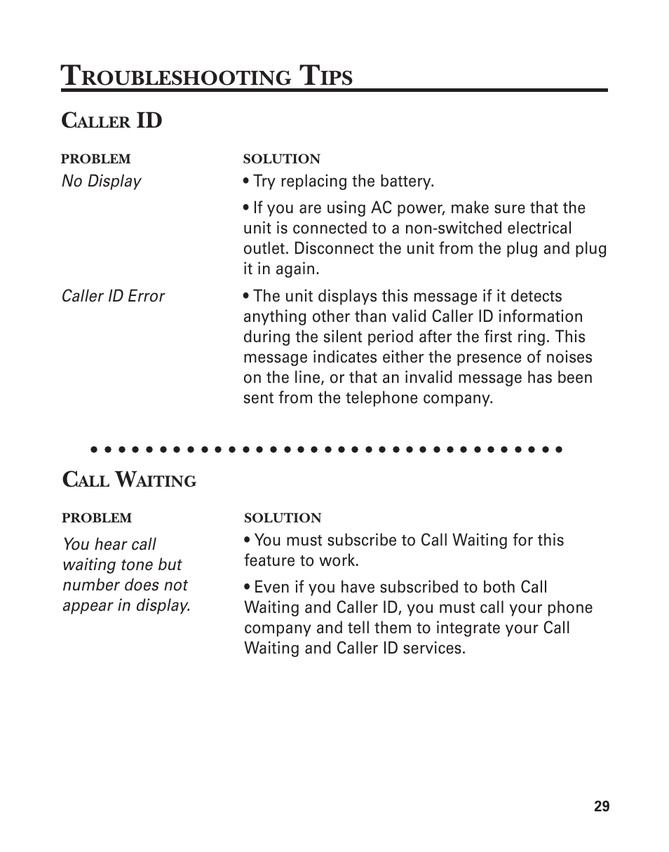 Troubleshooting tips, Caller id, Call waiting | Roubleshooting | GE Feb-74 User Manual | Page 29 / 40