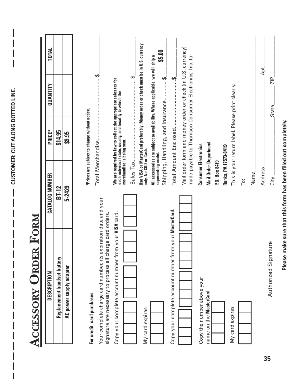 Accessory order form, Ccessor y, Rder | GE Feb-74 User Manual | Page 35 / 40