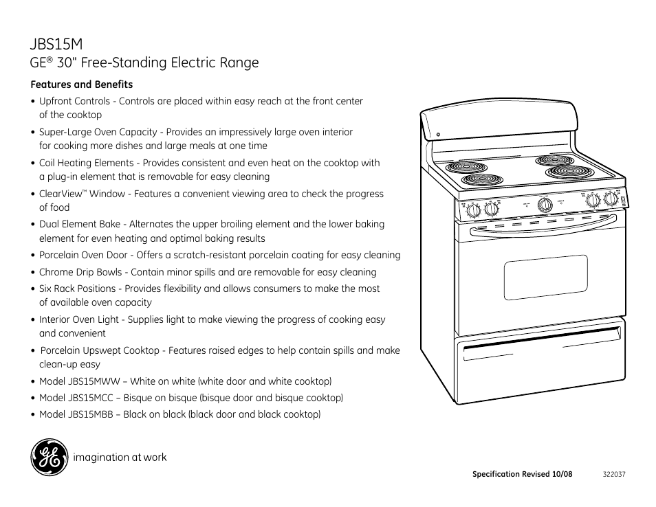 Jbs15m, 30" free-standing electric range | GE JBS15M User Manual | Page 2 / 2