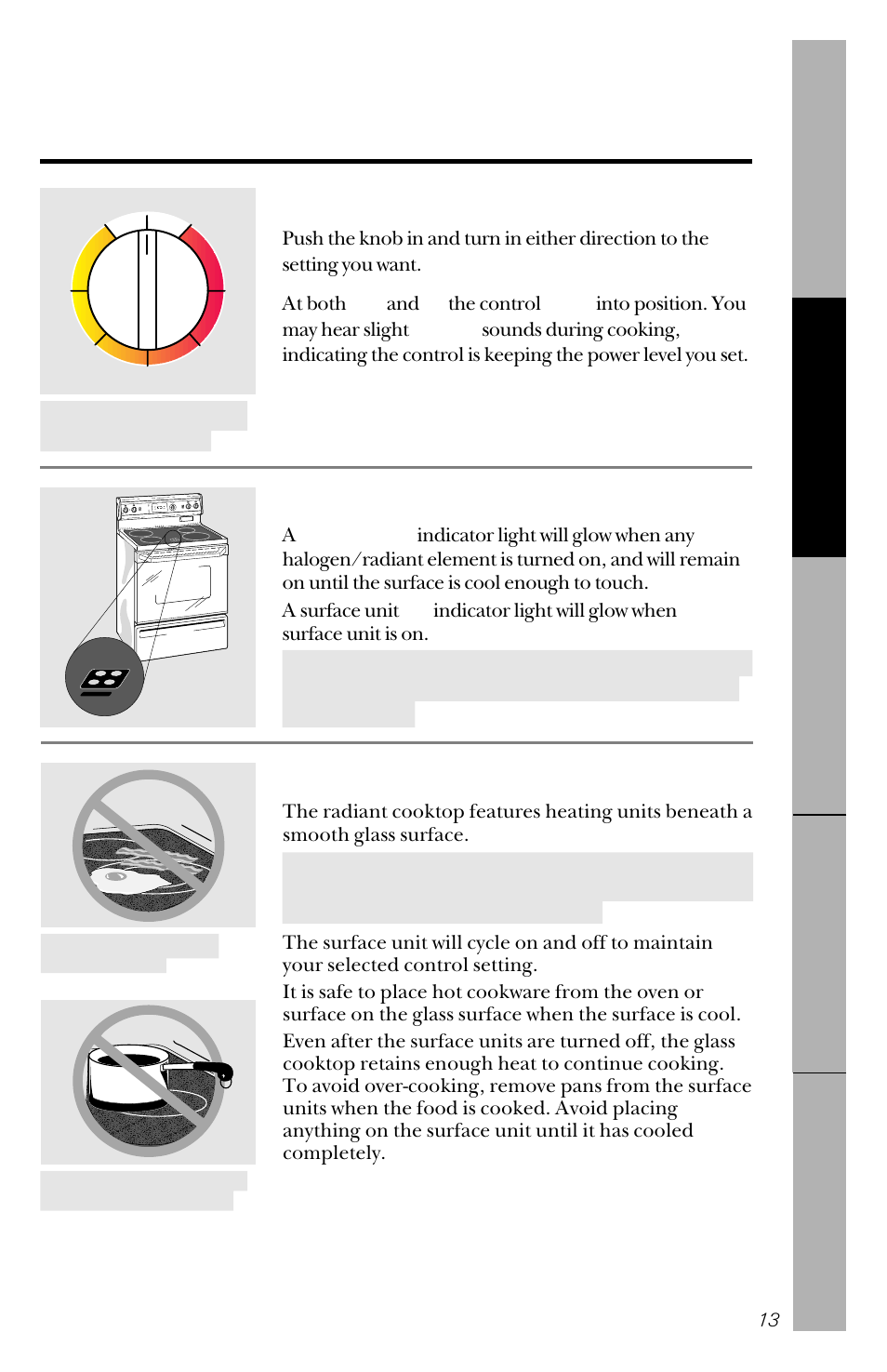 Using the surface units, Using the surface units , 14, How to set | Indicator lights, About the radiant surface units, Clicks, Clicking, Hot surface, Do not use the surface as a cutting board | GE 49-8779 User Manual | Page 13 / 60