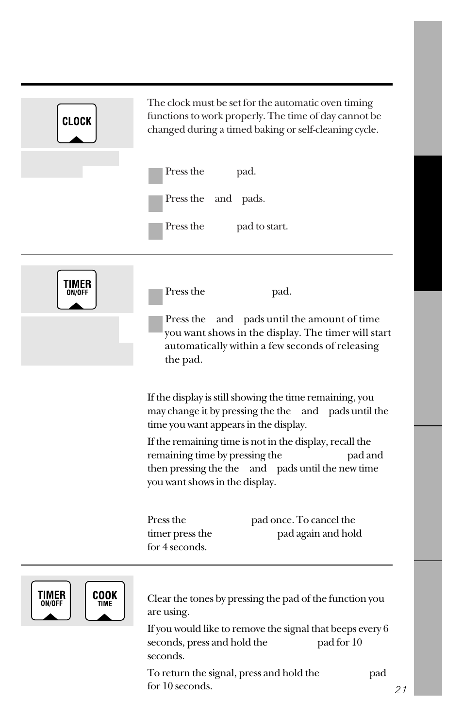 Using the clock and timer | GE 49-8779 User Manual | Page 21 / 60