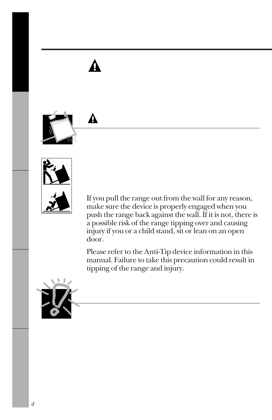 Anti-tip device, Warning, Anti-tip device important safety notice | GE 49-8779 User Manual | Page 4 / 60