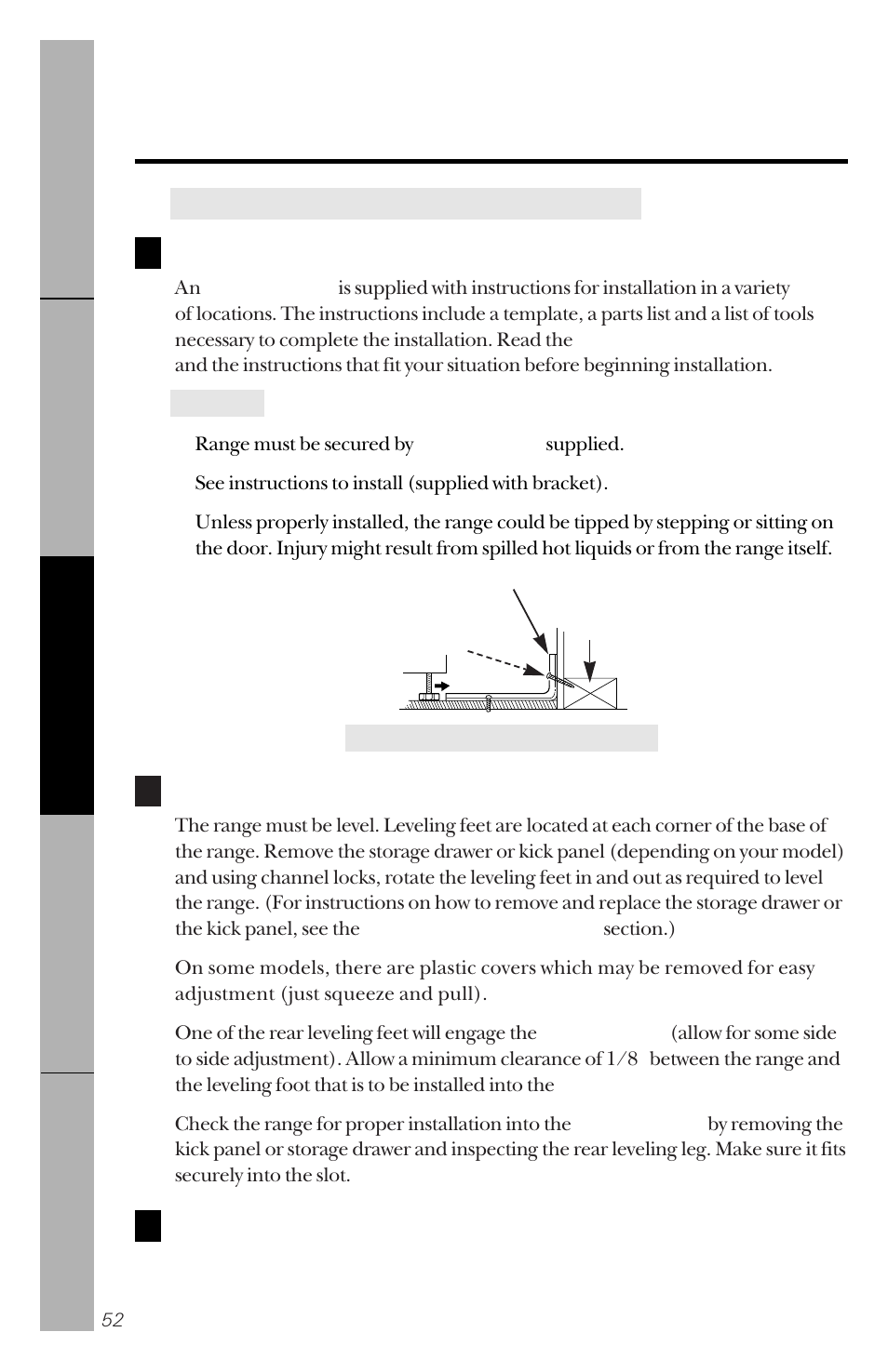 Anti-tip bracket, Anti-tip bracket leveling, Installation of the range | GE 49-8779 User Manual | Page 52 / 60