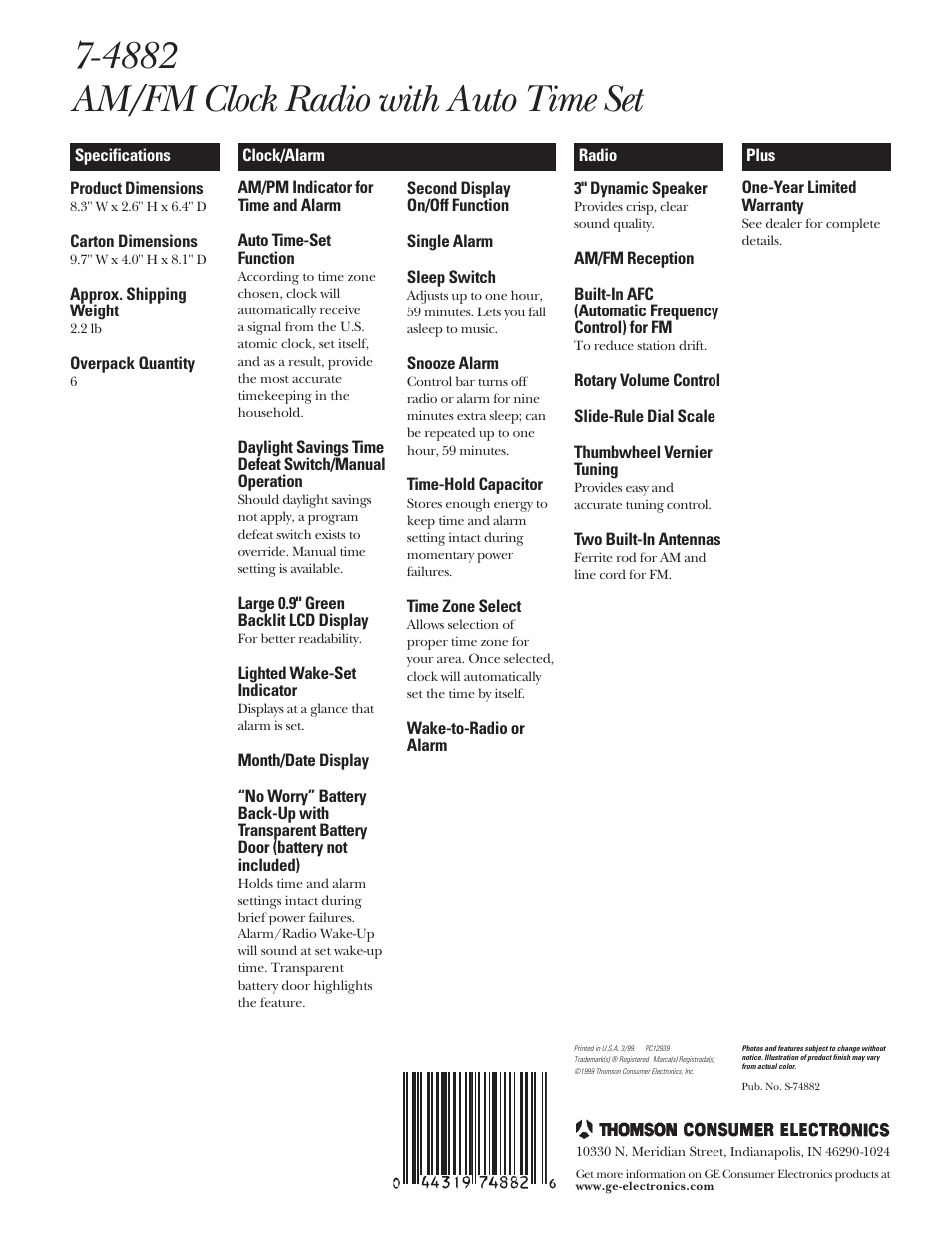 4882 am/fm clock radio with auto time set | GE 7-4882 User Manual | Page 2 / 2