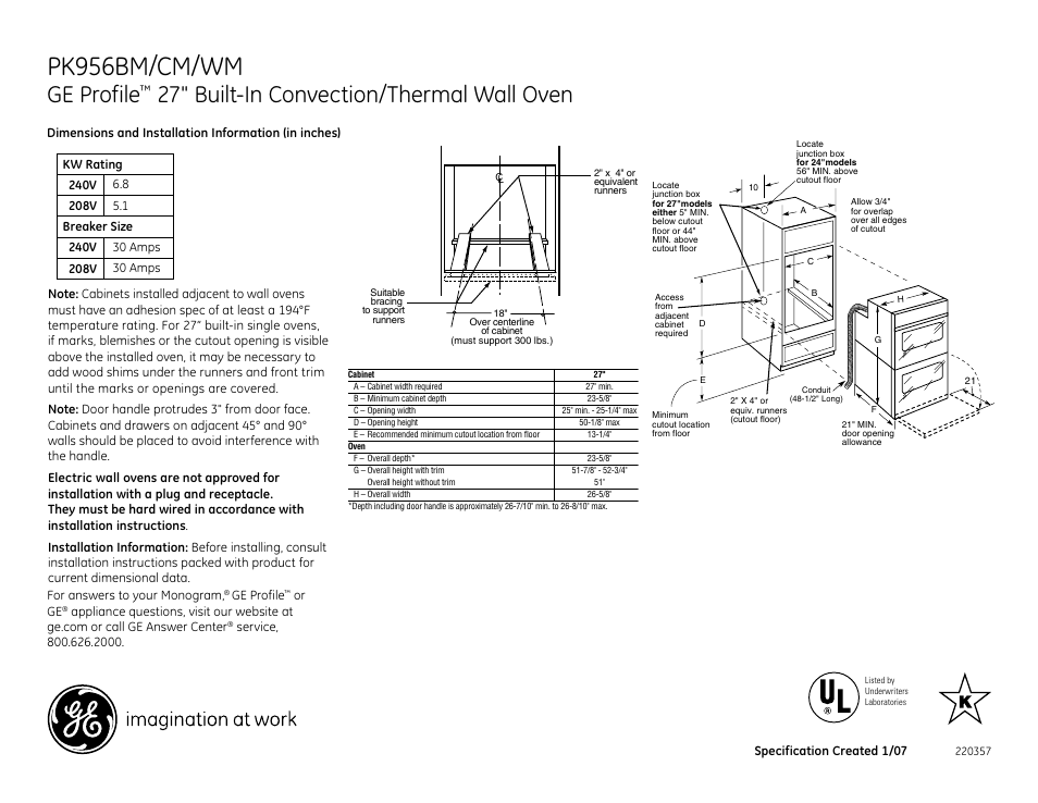 GE PK956WM User Manual | 2 pages