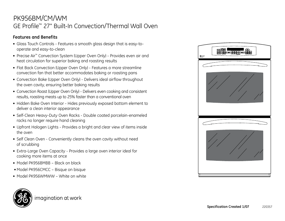 Pk956bm/cm/wm, Ge profile, 27" built-in convection/thermal wall oven | Pk956wm/cm/bm | GE PK956WM User Manual | Page 2 / 2