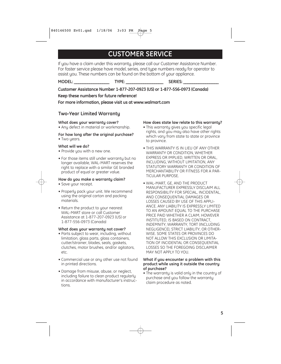 Customer service | GE 840146500 User Manual | Page 5 / 5