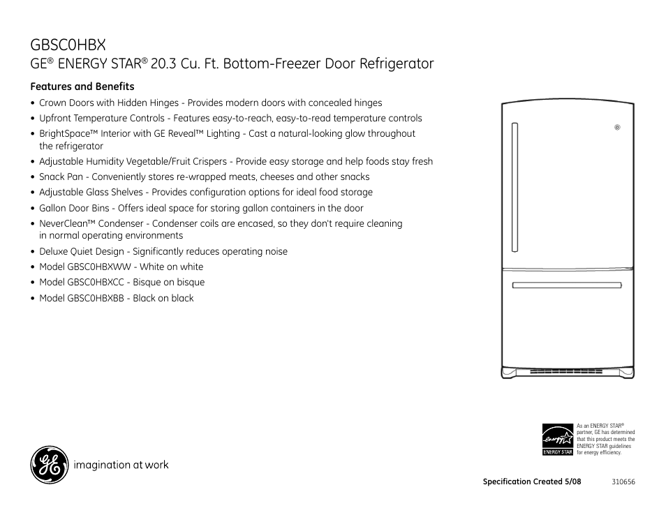 Gbsc0hbx, Energy star, 3 cu. ft. bottom-freezer door refrigerator | GE GBSC0HBXWW User Manual | Page 2 / 2