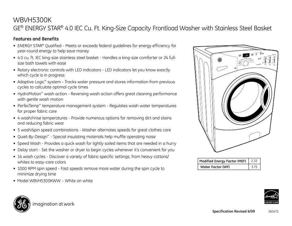 Wbvh5300k, Energy star | GE Energy Star WBVH5300KWW User Manual | Page 3 / 3