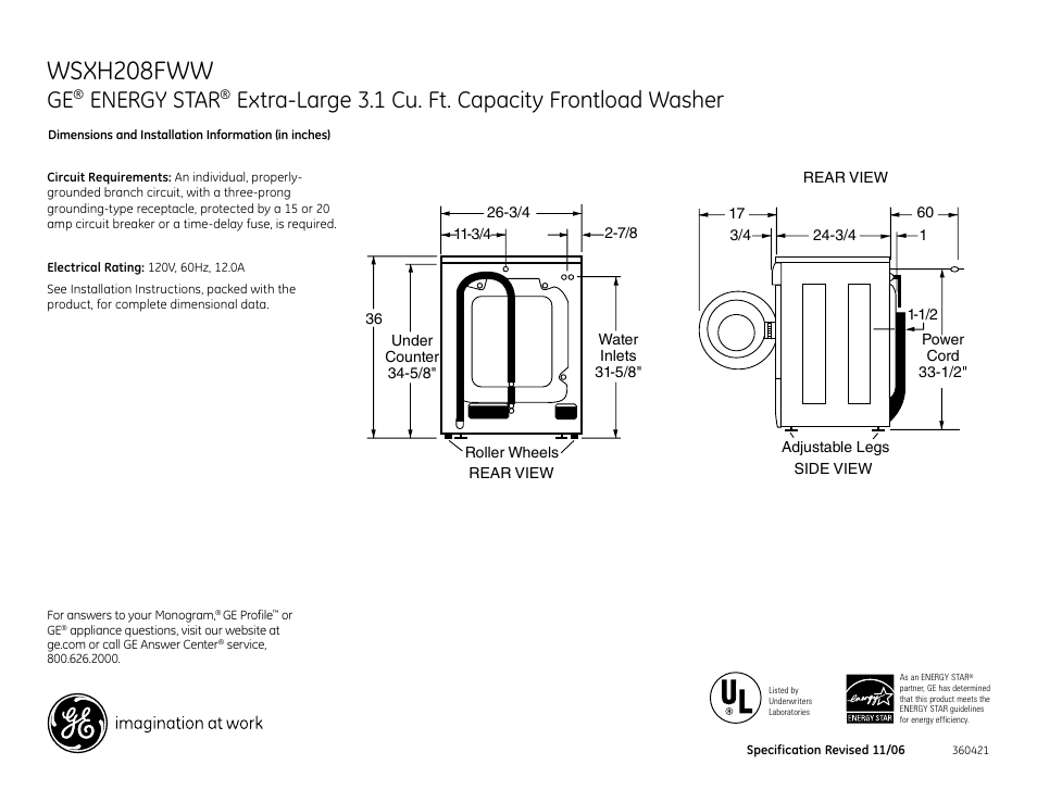 GE Energy Star WSXH208FWW User Manual | 3 pages
