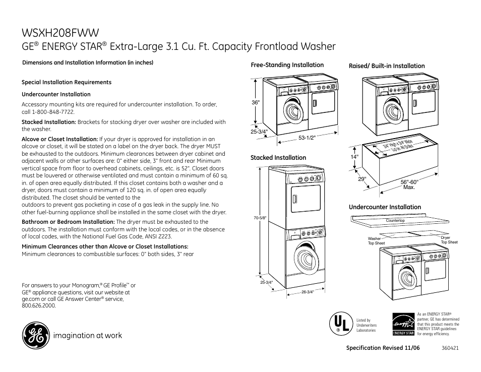 511lf1, 511lf3, Wsxh208fww | 511lf, 511lf2, Energy star, Extra-large 3.1 cu. ft. capacity frontload washer | GE Energy Star WSXH208FWW User Manual | Page 2 / 3