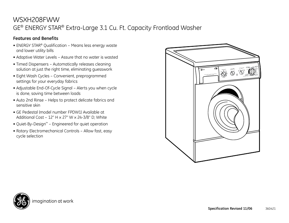 Wsxh208fww, Energy star, Extra-large 3.1 cu. ft. capacity frontload washer | GE Energy Star WSXH208FWW User Manual | Page 3 / 3
