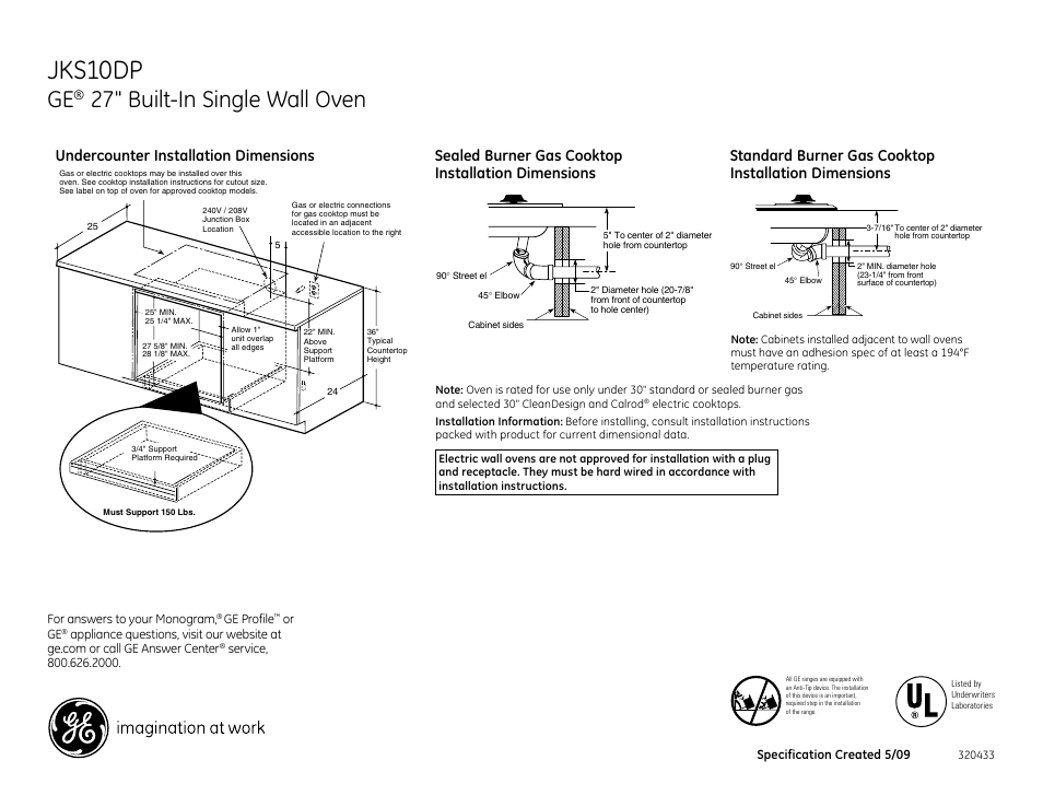 Jks10dp, 27" built-in single wall oven | GE JKS10DPBB User Manual | Page 2 / 3