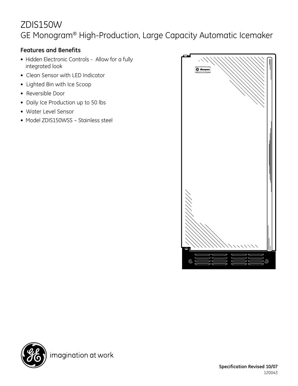 Zdis150w, Ge monogram, High-production, large capacity automatic icemaker | GE CLP-2001 User Manual | Page 2 / 2