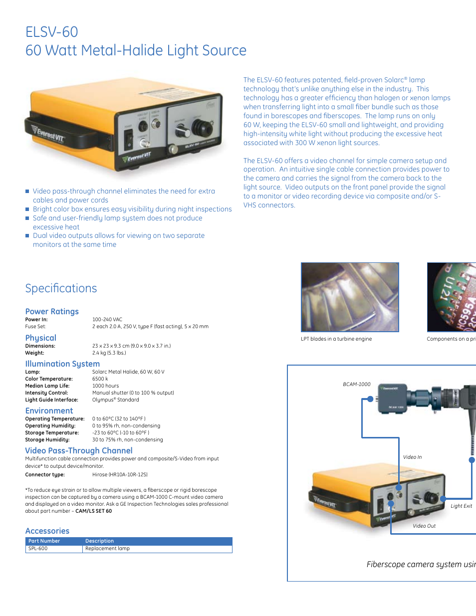 Elsv-60 60 watt metal-halide light source, Specifications, Power ratings | Physical, Illumination system, Environment, Video pass-through channel, Accessories | GE ELSV-60 User Manual | Page 2 / 4