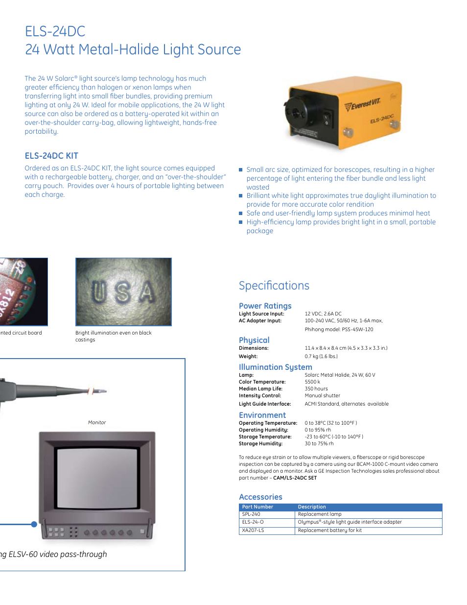 Els-24dc 24 watt metal-halide light source, Specifications, Els-24dc kit | Accessories, Power ratings, Physical, Illumination system, Environment | GE ELSV-60 User Manual | Page 3 / 4