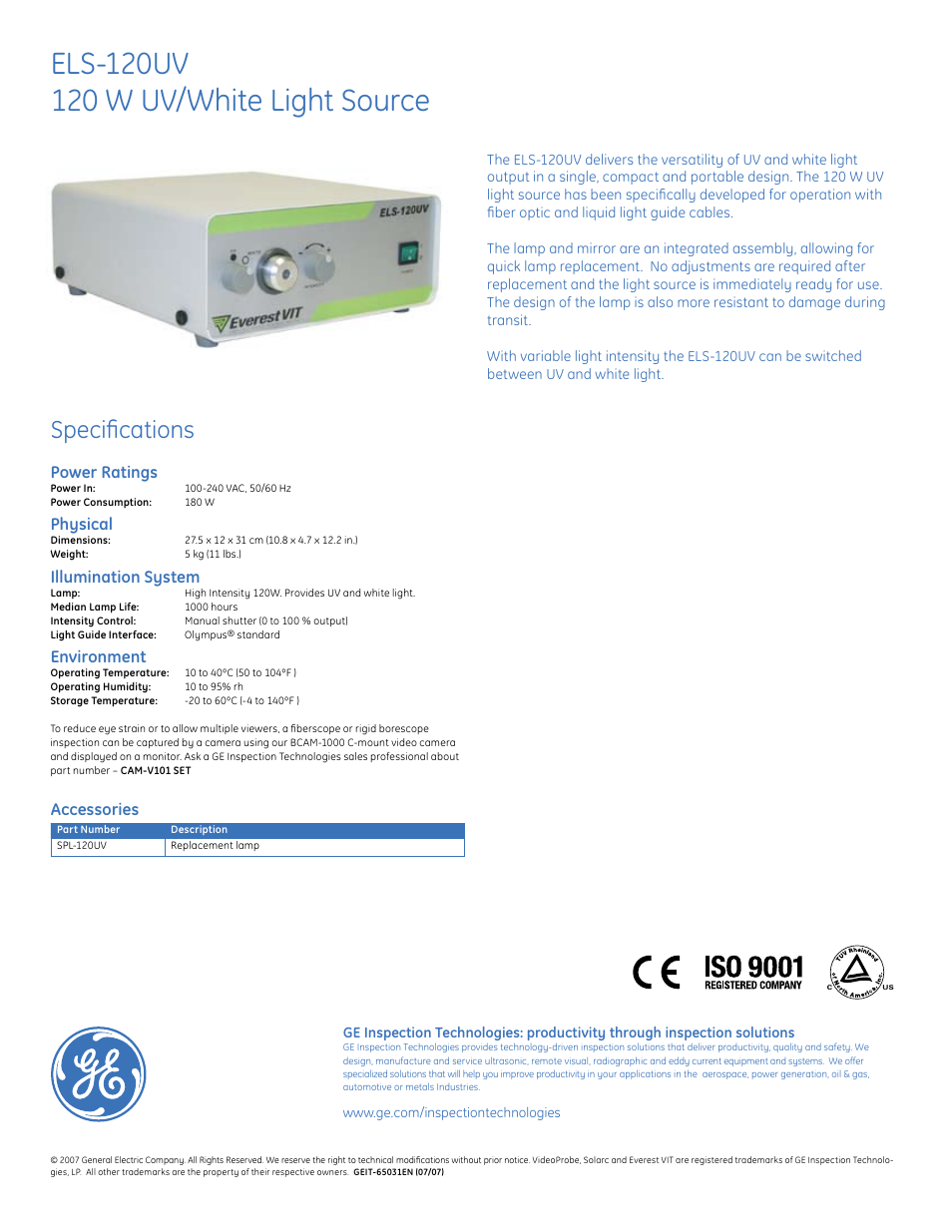 Specifications, Power ratings, Physical | Illumination system, Environment, Accessories | GE ELSV-60 User Manual | Page 4 / 4