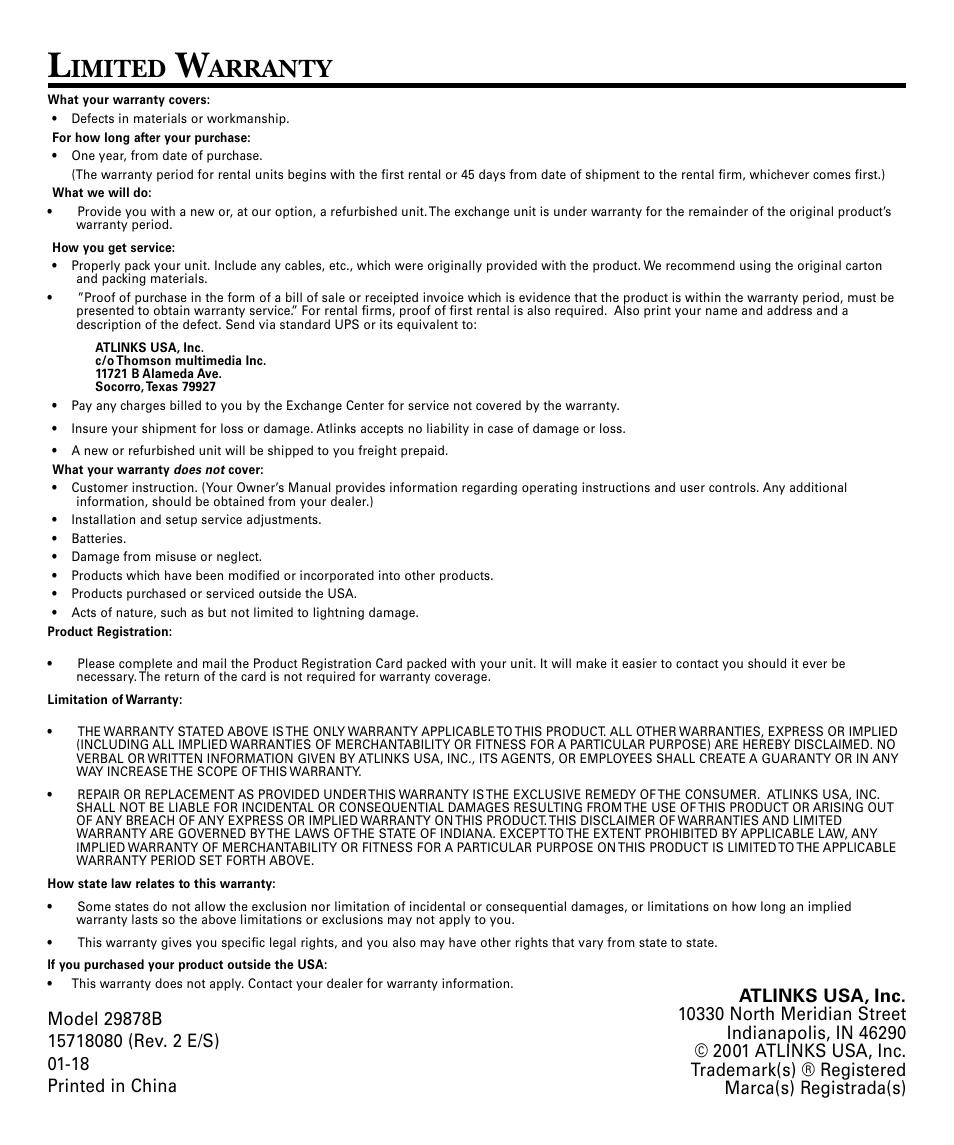 Imited, Arranty | GE 29878 User Manual | Page 24 / 48