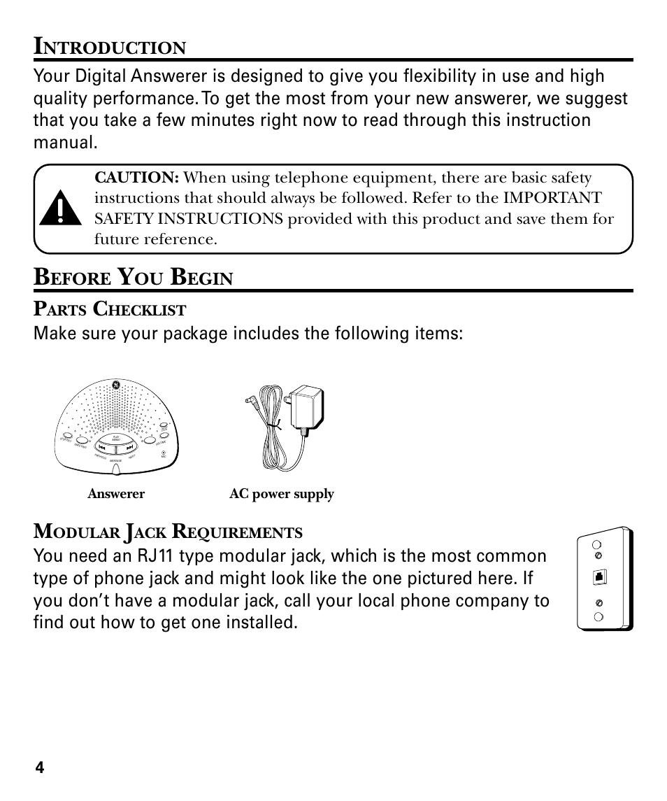 Ntroduction, Efore, Egin | Arts, Hecklist, Odular, Equirements, Answerer ac power supply | GE 29878 User Manual | Page 4 / 48