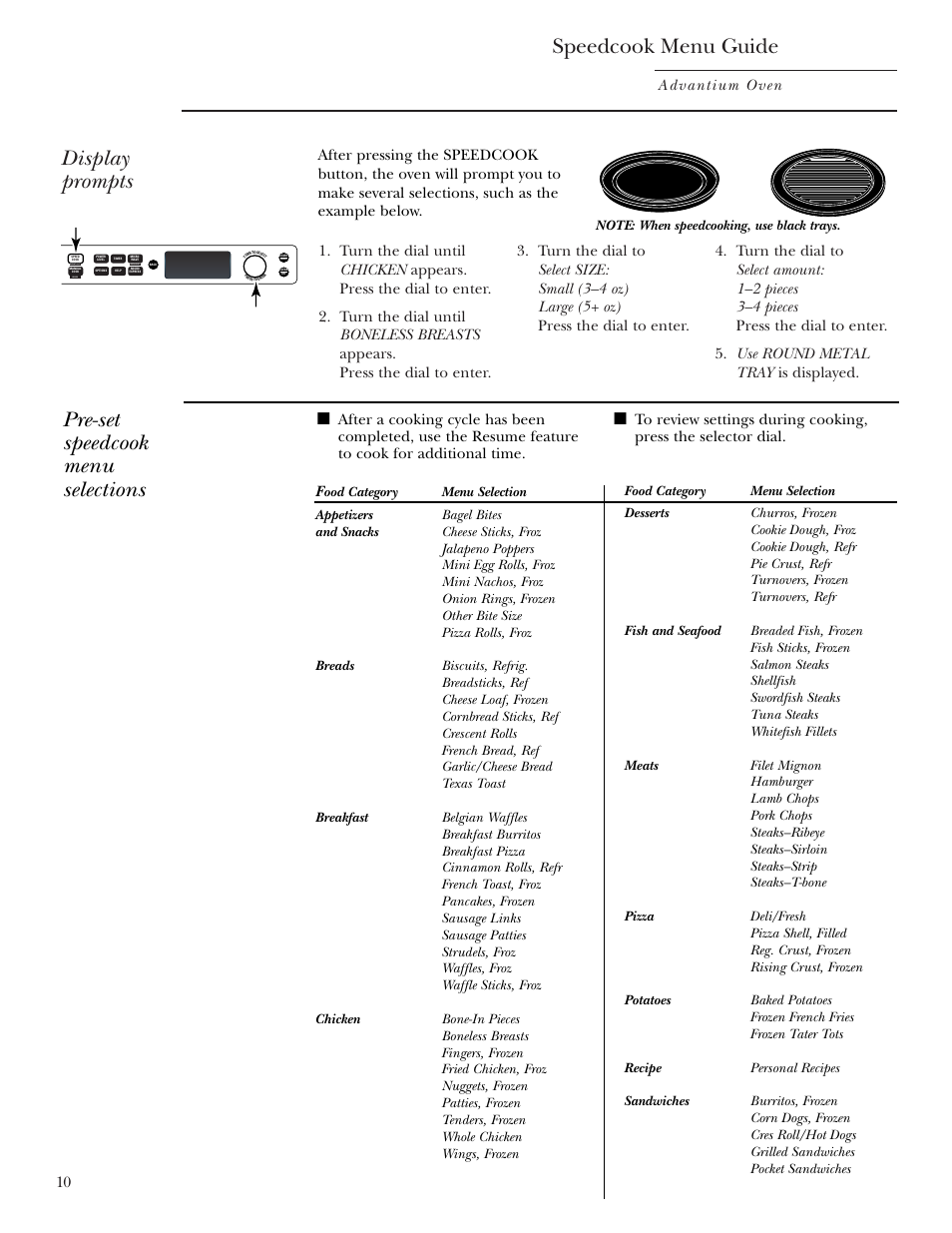 Speedcook menu guide, Display prompts, Pre-set speedcook menu selections | Advantium oven | GE SCB2001 User Manual | Page 10 / 40
