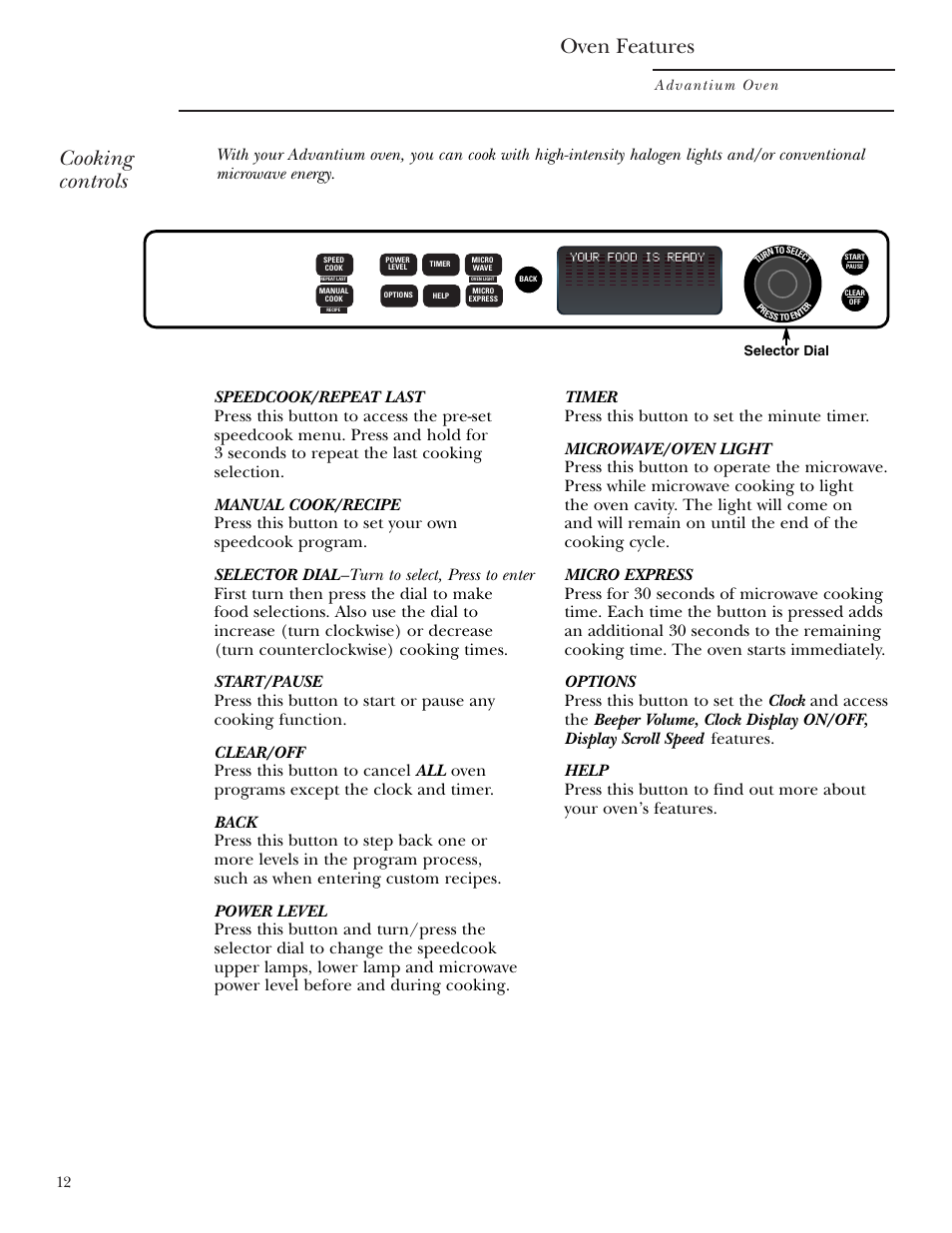 Cooking controls, Cooking controls oven features, Advantium oven | GE SCB2001 User Manual | Page 12 / 40