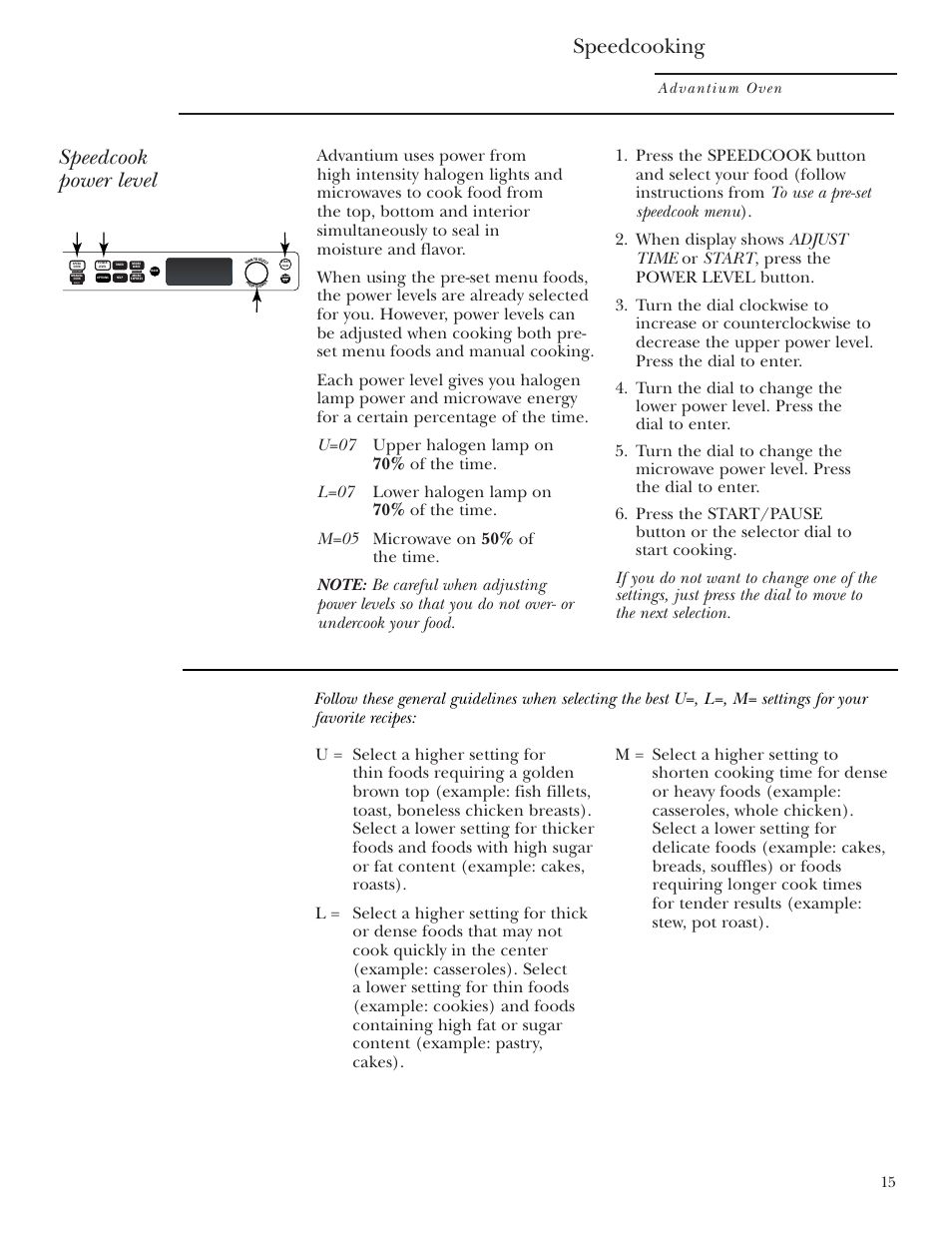 Power level, Speedcooking, Speedcook power level | Advantium oven | GE SCB2001 User Manual | Page 15 / 40