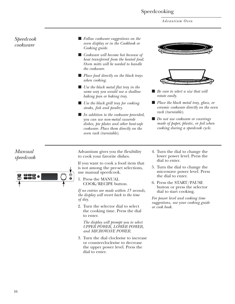 Manual speedcook, Speedcook cookware, Speedcooking | GE SCB2001 User Manual | Page 16 / 40