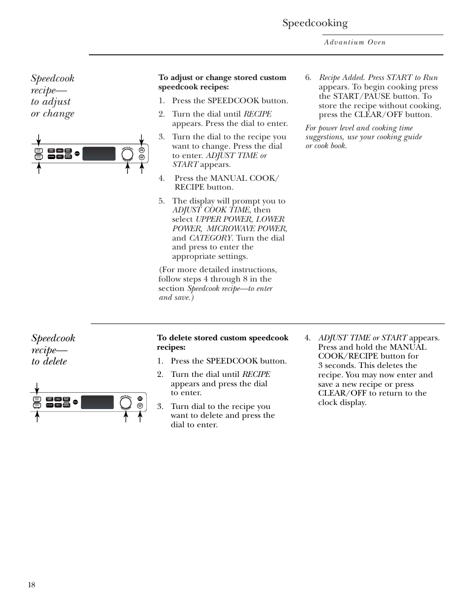 Speedcooking, Speedcook recipe— to adjust or change, Speedcook recipe— to delete | Advantium oven, Repeat last oven light recipe | GE SCB2001 User Manual | Page 18 / 40