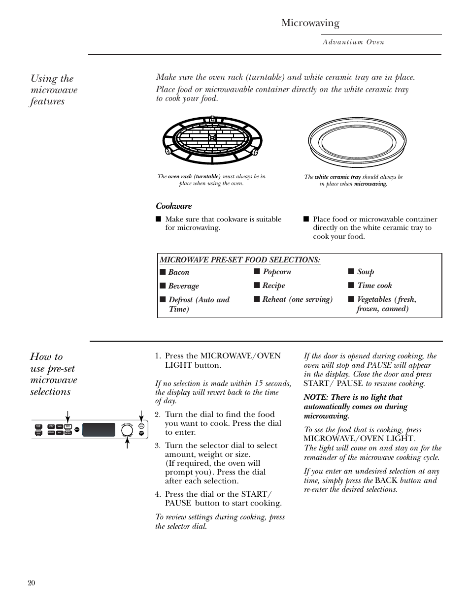 Using pre-set microwave selections, Microwaving, Using the microwave features | How to use pre-set microwave selections, Cookware, Advantium oven | GE SCB2001 User Manual | Page 20 / 40