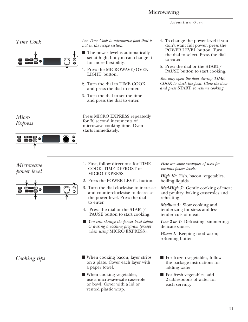 Cooking tips, Microwave power levels, Time cook | Microwaving, Micro express microwave power level, Press the microwave/oven light button, Advantium oven, Repeat last oven light recipe | GE SCB2001 User Manual | Page 21 / 40